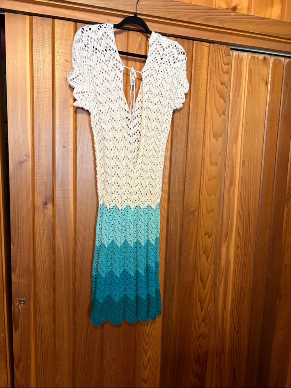 Cream and Teal Crochet V-Neck Dress
Handmade!